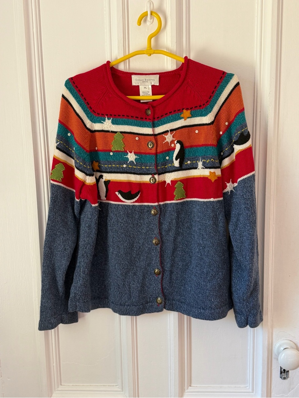 Vintage Susan Bristol Holiday Cardigan Hand Embroidered Penguins/Trees PetiteL